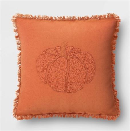 Embroidered Pumpkin with Frayed Edges Square Throw Pillow Rust 🎃