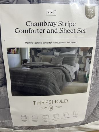 12pc Chambray Matelasse Stripe Comforter & Sheet Bedding Set Gray - Threshold